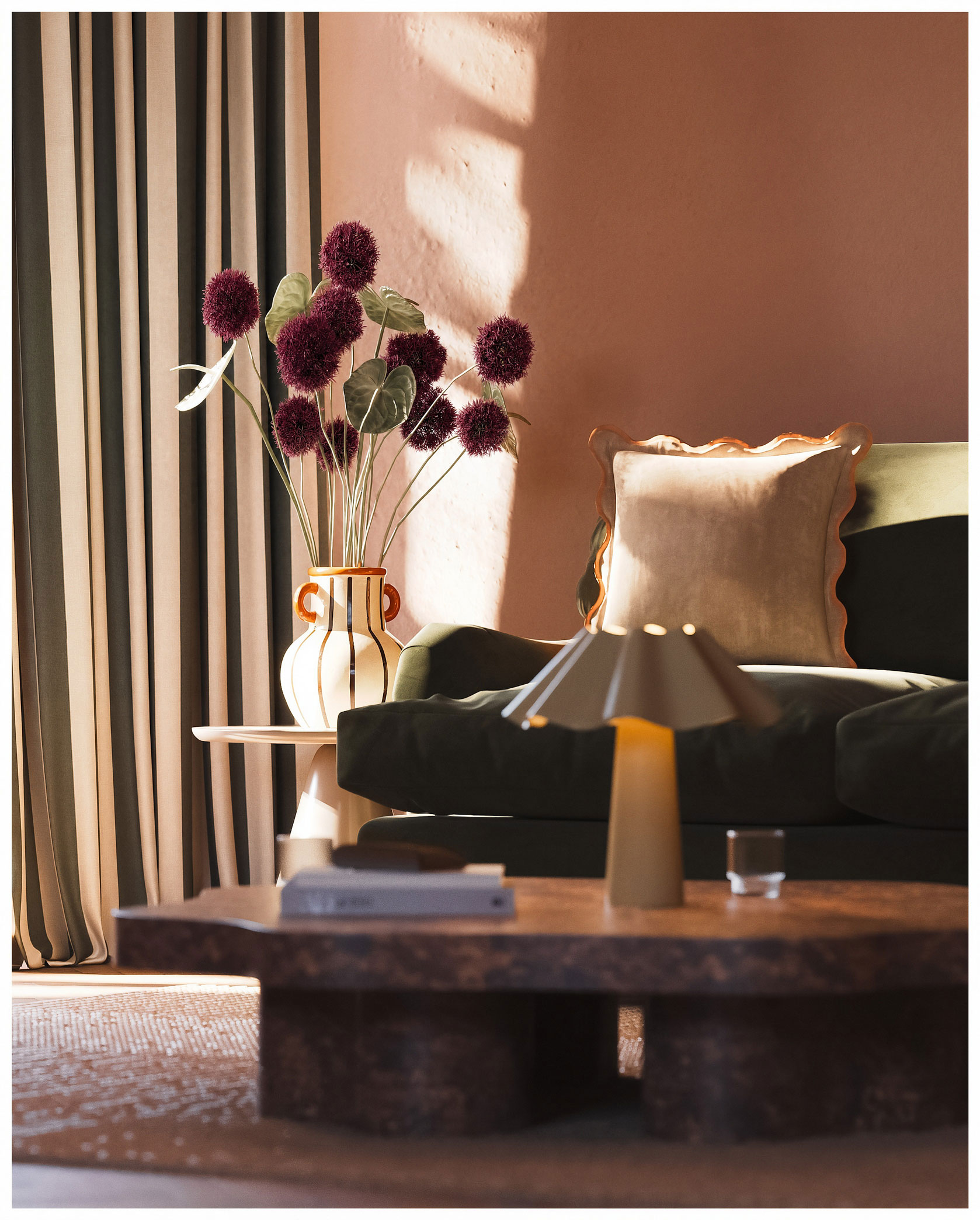A flower vase and cushion detail in the living room at The Promise — residential interior CGI visualisation by HEJ HEY Studio