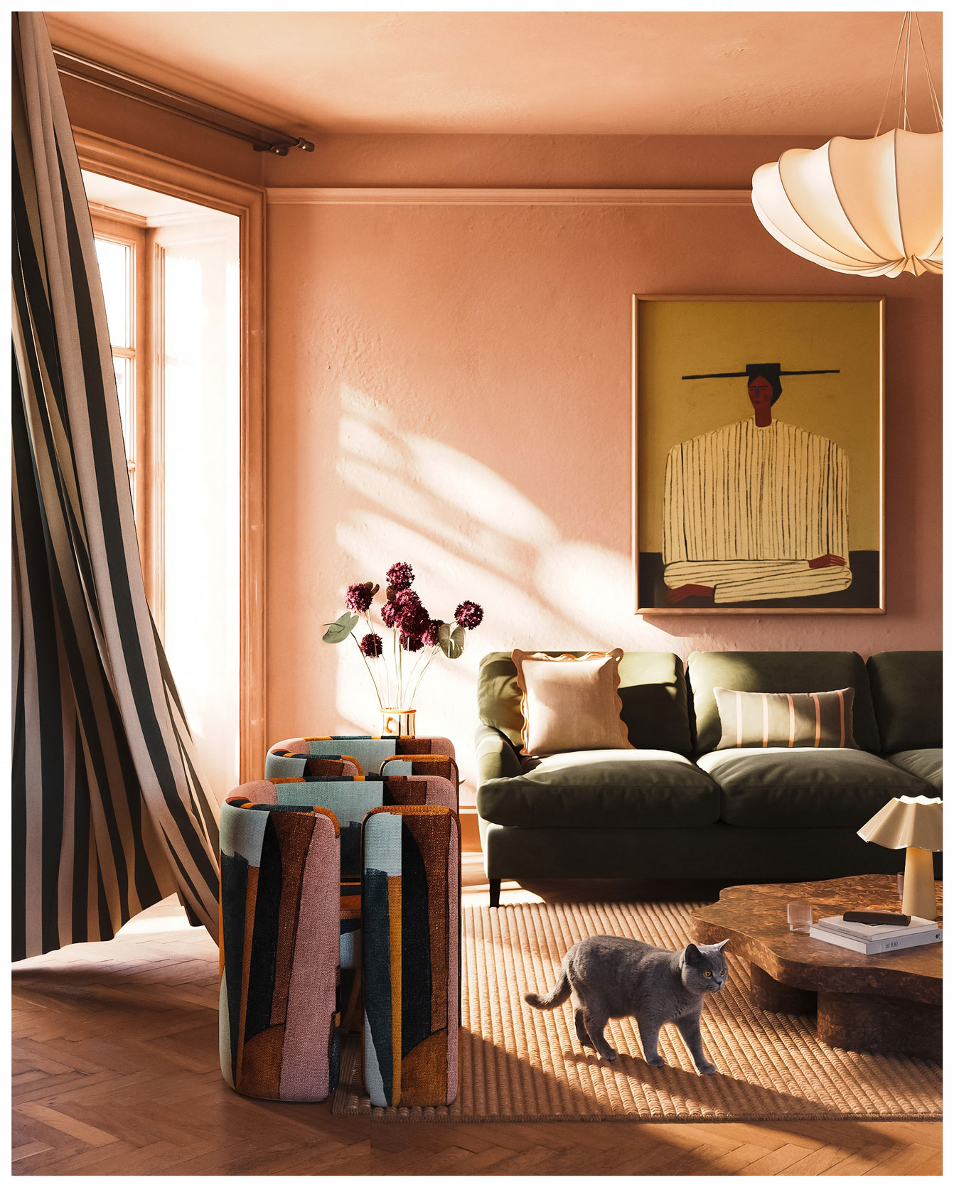 The green velvet sofa, with a cat, in the living room at The Promise — residential interior CGI visualisation by HEJ HEY Studio