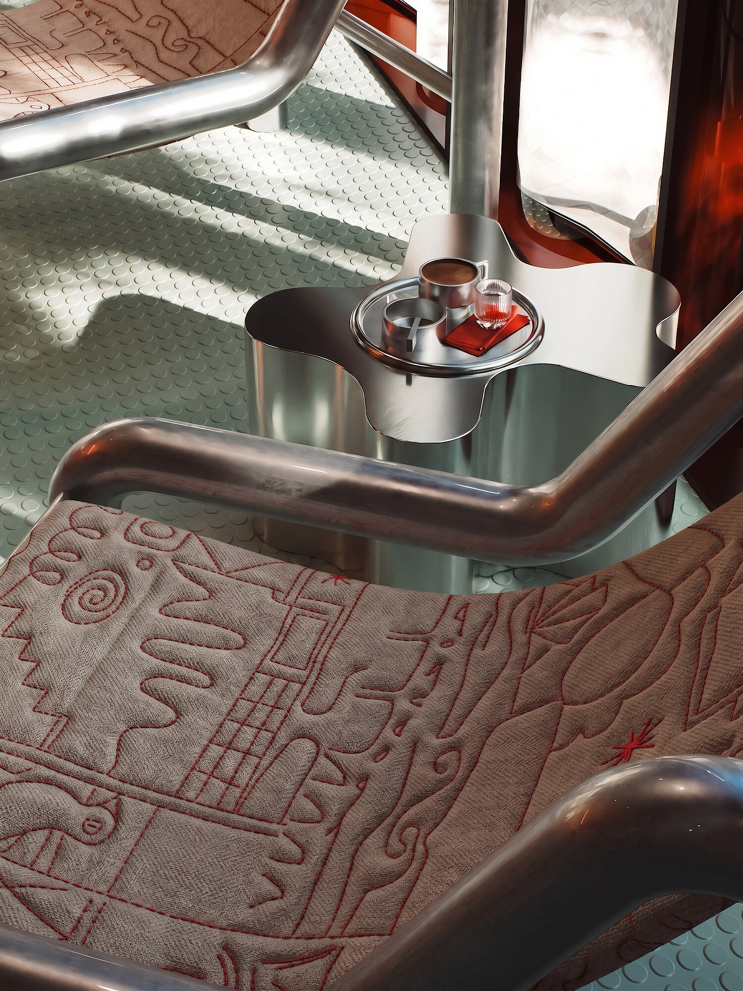The chairs and a coffee tray, Another coffee shop, Manchester — interior CGI visualisation by HEJ HEY Studio