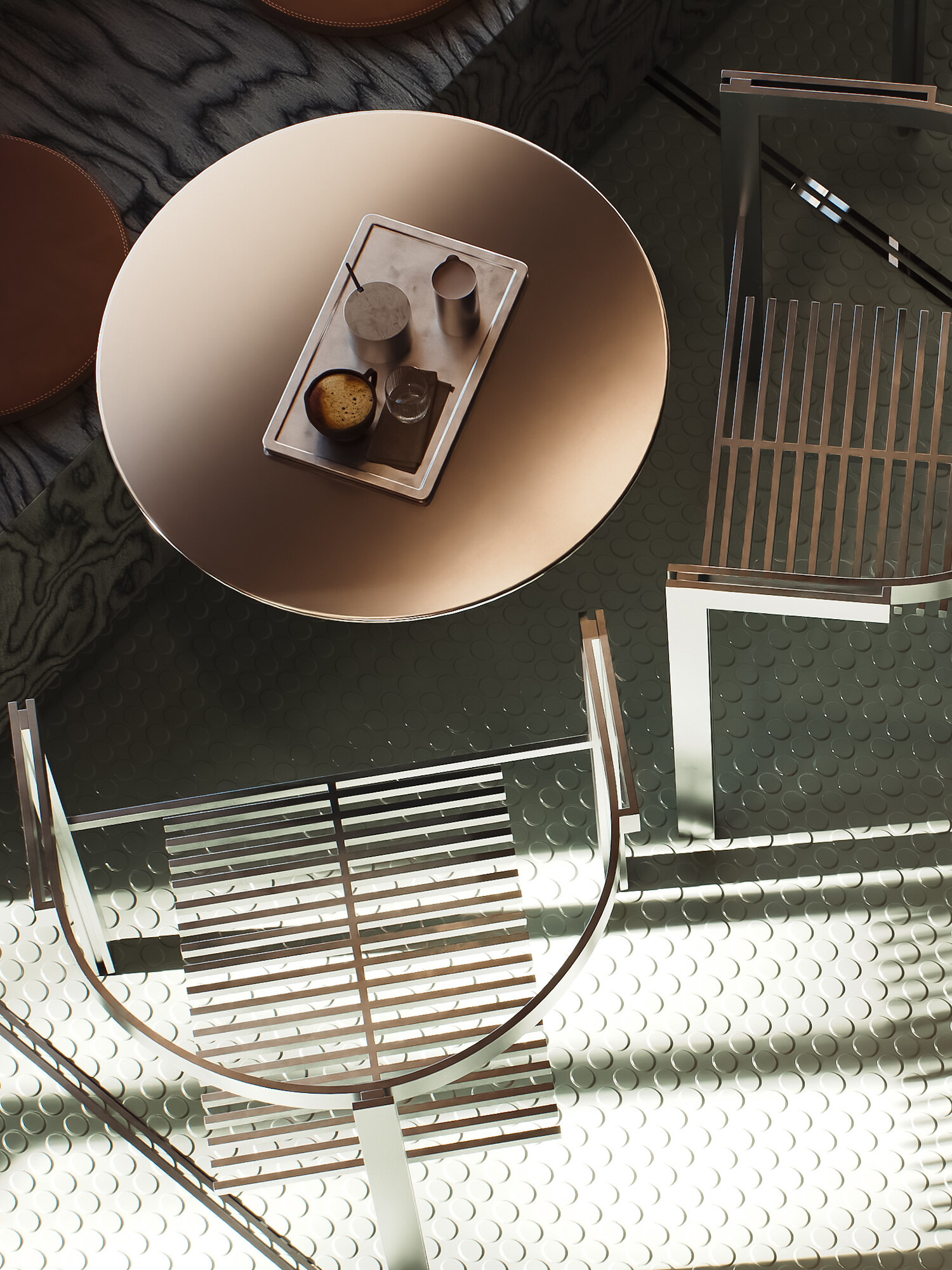 The lounge chairs, Another coffee shop, Manchester — interior CGI visualisation by HEJ HEY Studio
