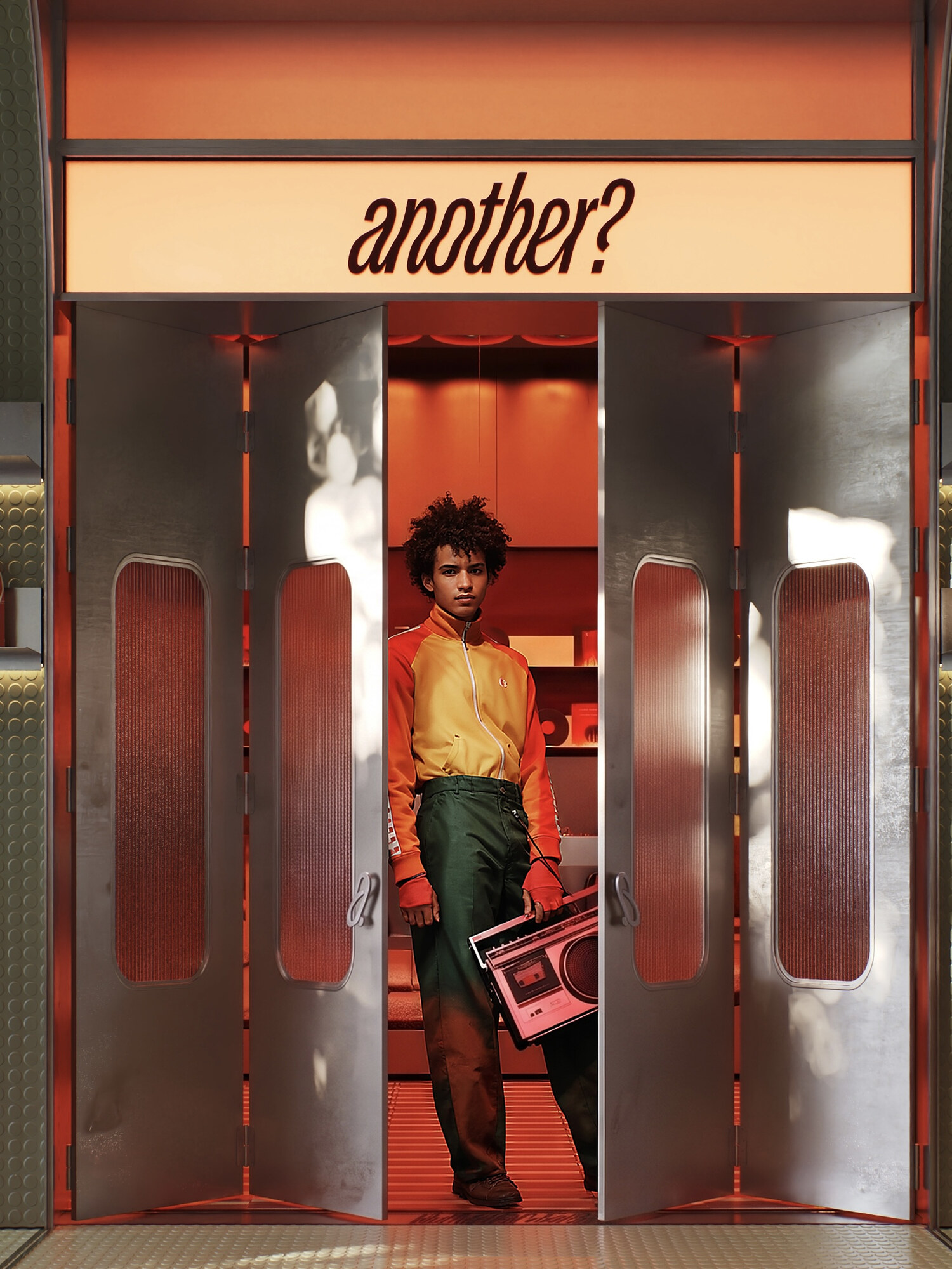 The entrance, with a figure holding a boombox, Another coffee shop, Manchester — interior CGI visualisation by HEJ HEY Studio