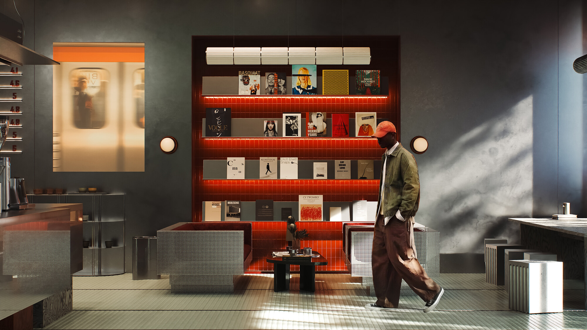 The magazine display area, with people, Another coffee shop, Manchester — interior CGI visualisation by HEJ HEY Studio